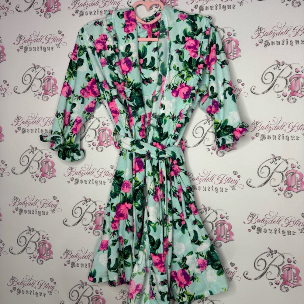 Betsy Johnson robe ruffle frilly trim floral neon blue green purple pink tie up